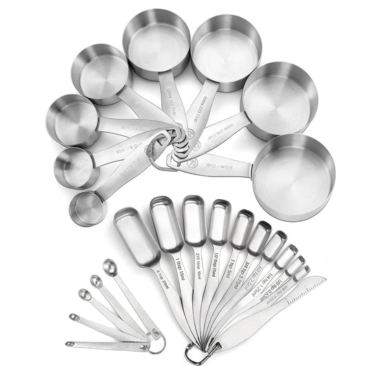 Measuring Cups and Spoons Set of 24 Piece in 18/8 Stainless Steel Heavy Duty 8 Measuring Cups 10 Measuring Spoons 1 Leveler & 5 Mini Measuring Spoons Ideal for Dry and Liquid Ingredients